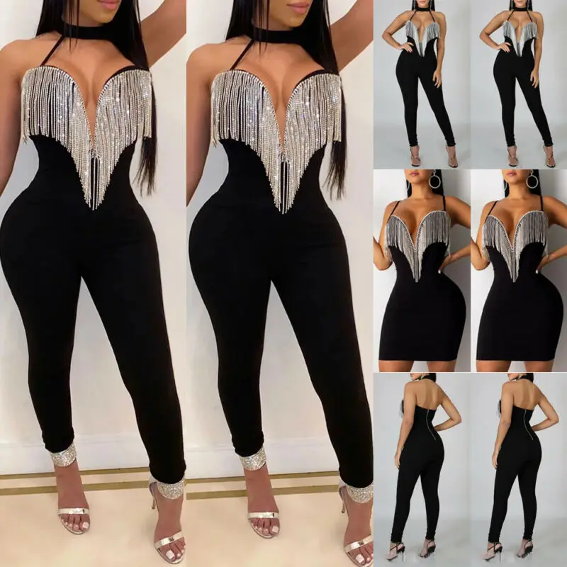 Women Tassels Jumpsuit Romper Spring Autumn Sleeveless V Neck Pants Jumpsuit Clubwear Trousers Outfit Clothes For Female sexy deep v halter neck white elegant jumpsuit fashion temperament hollow out sleeveless backless trousers wide leg jumpsuits