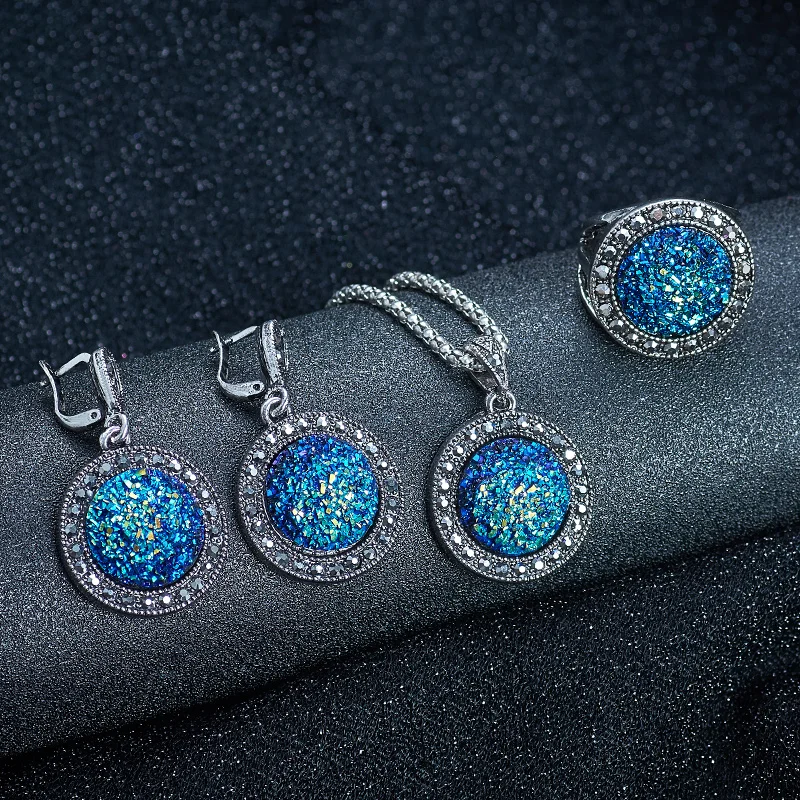 SHUANGR винтажные черные синие драгоценные камни комплекты украшений для женщин античное серебро кристалл круглый камень кулон ожерелье серьги кольцо браслет