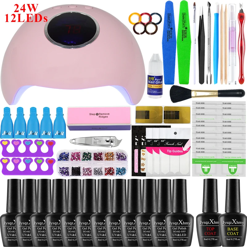 24W choose 12 colors 84/54/24 Вт УФ лампа для ногтей, набор для маникюра Комплект 12 Цвет гель Лаки комплект Фрезер для ногтей, сверлильный станок комплект пилочка для ногтей инструмент набор для наращивания ногтей - Цвет: 24W choose 12 colors