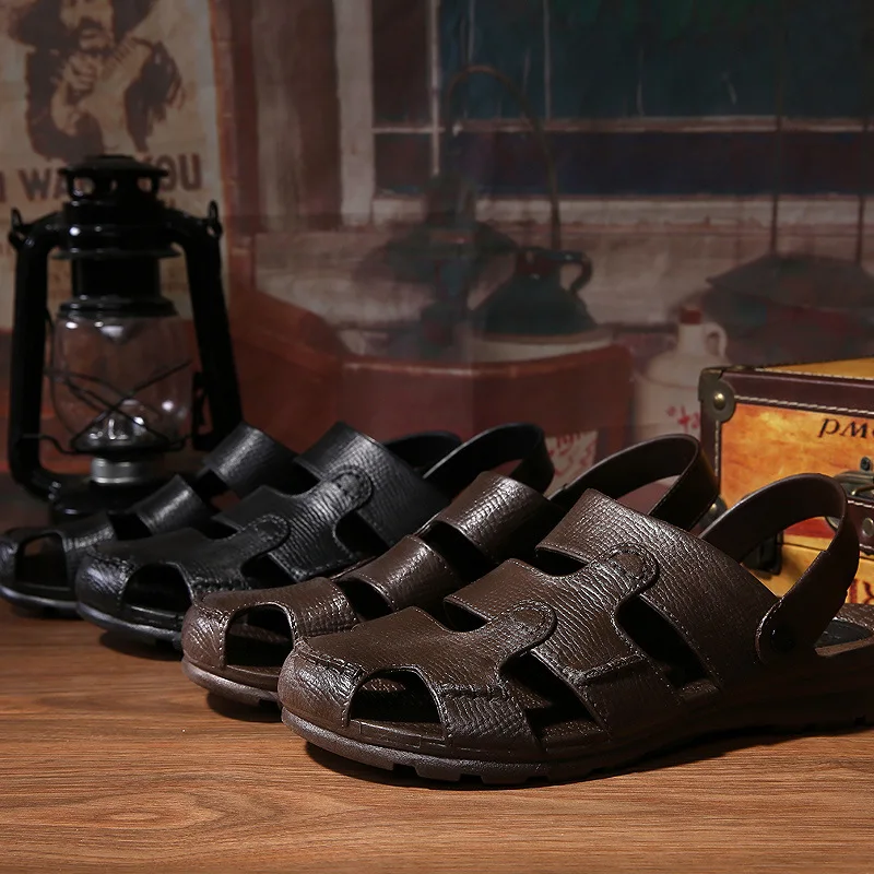 

New Style Sandals Men's Summer Breathable Waterproof Plastic Anti-slip Closed-toe MEN'S Sandals Faux Leather Platform Shoes