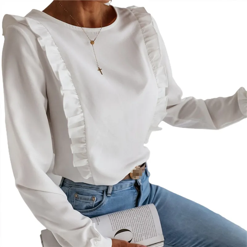 

PD Female Shirt Solid Color Women Ruffle Round Neck Long Sleeve Blouse Tops for Women Streetwear Tunic Tops Blusa Mujer