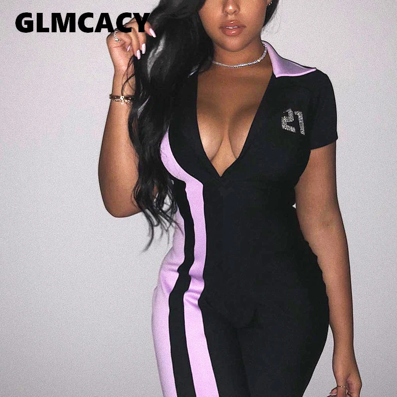 Для женщин короткий рукав V шеи Bodycon спортивные костюмы комбинезоны Повседневное Поло спортивная одежда с воротником пикантные Фитнес