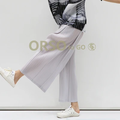 HOT SELLING Miyake fashion solid mid waist wide leg pants pleated pants IN STOCK