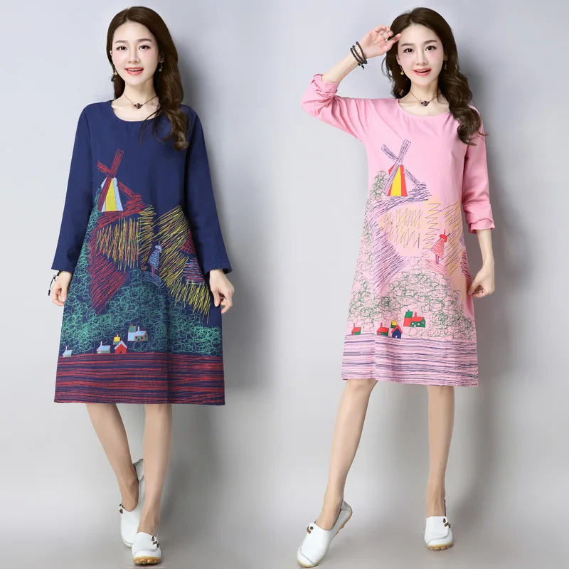

Spring New Style Cotton Linen Printed Retro Loose And Plus-sized Mid-length Dress