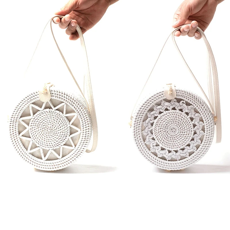 

2Pcs New White Round Rattan Bags for Women Boho Beach Crossbody Bag Straw Handmade Woven Circle Shoulder Bag Female Handbags - H