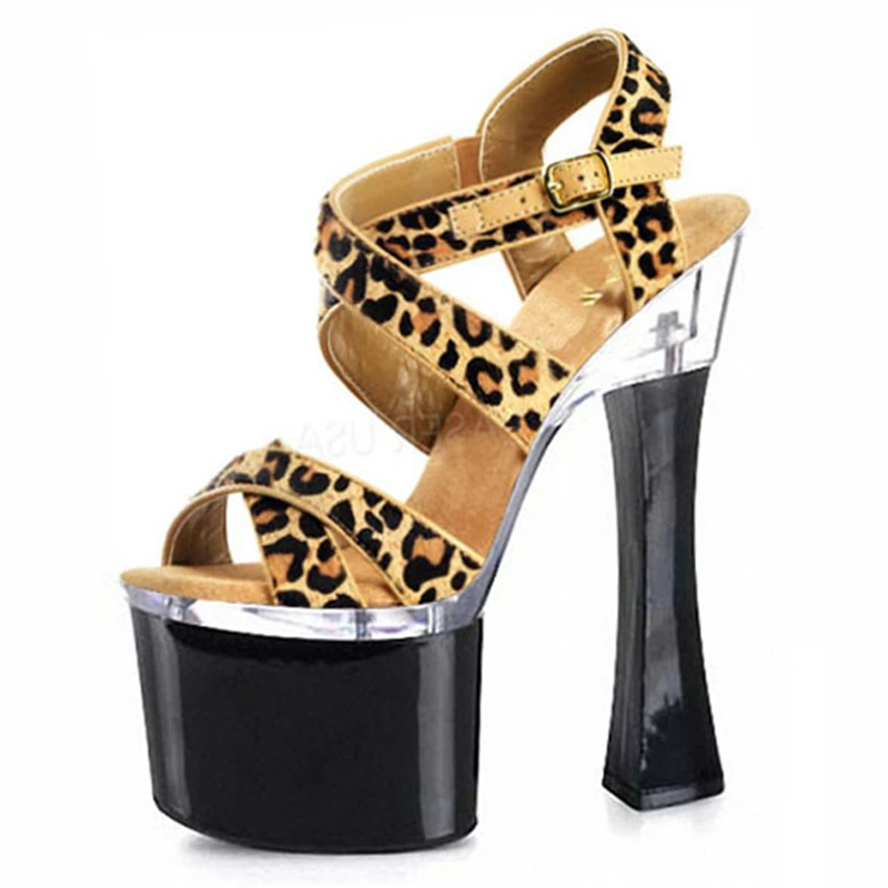 

Classics Casual Leopard Super High Thin Heels Female Shoes Peep-toe Ankle-buckle Platform Buckle-strap Roma Sandals Big-size