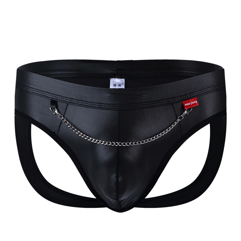 Men Underwear Jockstrap With Chain Sexy Leather Mens Briefs Bulge Pouch Gays Sissy Panties Male Underpants High Quality mens underwear t back g string sexy thong bikini swimsuit underwear low waist pouch panties underpants gays erotic lingerie