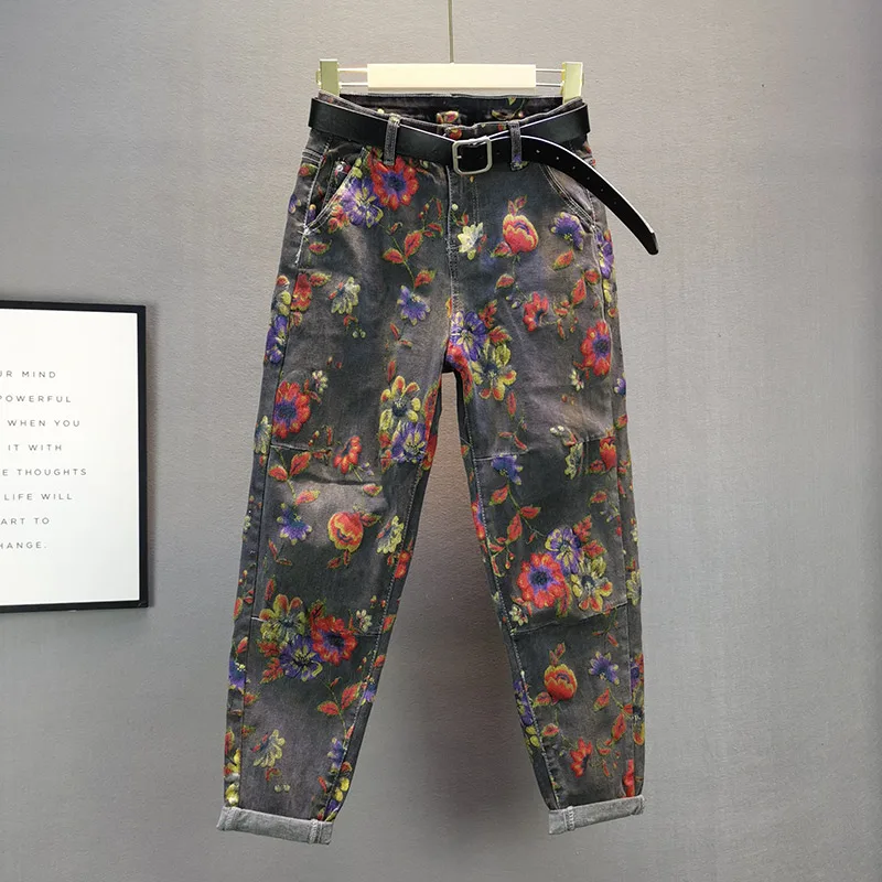 

Women's Floral Jeans Female 2020 Spring and Summer New Elastic High Waist Printing Harem Pants Denim Pants Women Grey Black Jean