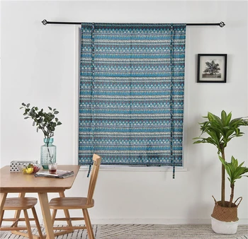 

Luxurious Curtains Window Treatment Mediterranean Blue Cotton Linen Rope Shiny Pure Geometric Cortinas Villa Decoration