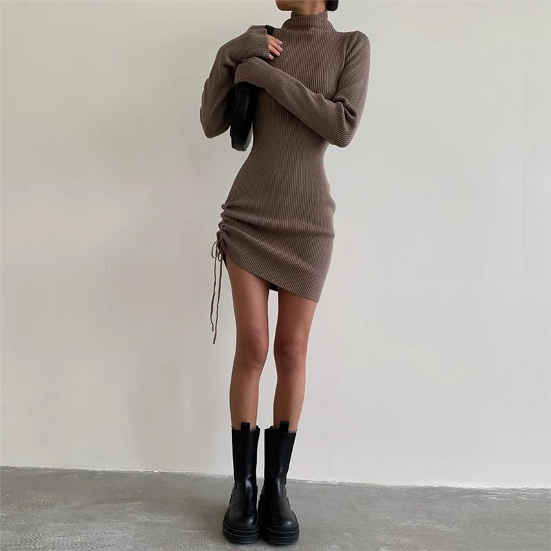 Long Sleeve Knitted Mini Dresses for Women High Neck Casual Drawstring Party Bodycon Dress 2021 Autumn Winter White Brown Black maxi dresses