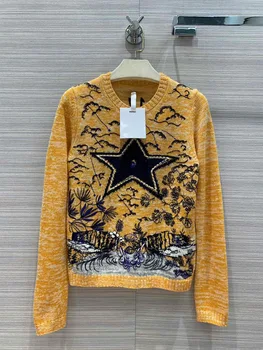 

2019 Autumn and Winter New Temperament Elegant Girly Embroidery Five-pointed Star Pattern Sweater 2 Color