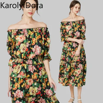 

2020Summer vintage ruffles off the shoulder summer dress women slash neck pleated a-line floral print midi dresses beach elastic