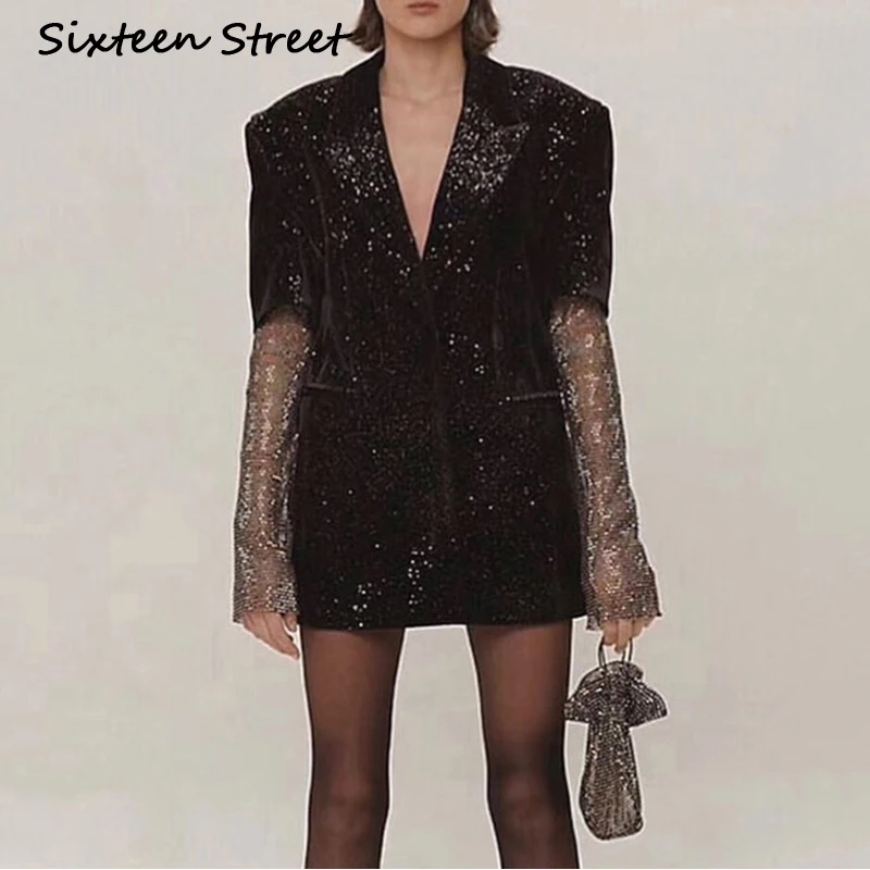 

Diamond Bling Sleeve Blazer Jacket for Woman Notched Collar Black Velvet Long Blazer Jacket Chic 2019 Autumn Winter Outwear