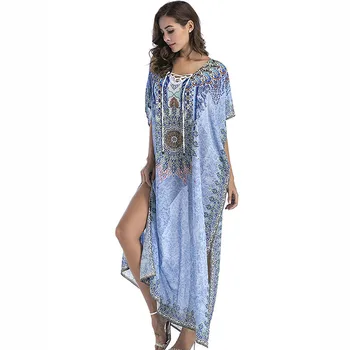 

Chiffon Cover-Ups Beach Wear Bikini Dresses For Women Tunics Summer Lengthened Coastal Skirt Long Dress Print Swimwear Top