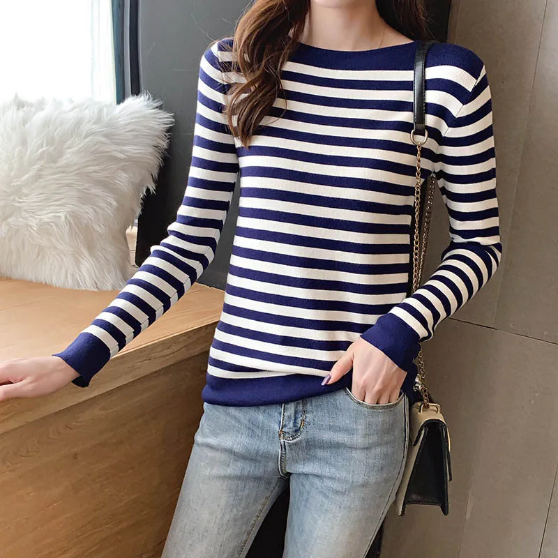 

Autumn Spring Korean Long Sleeve Knitted Black Striped Sweater Women Pullover Winter Top Clothes Bottoming-shirt c.h.i.c