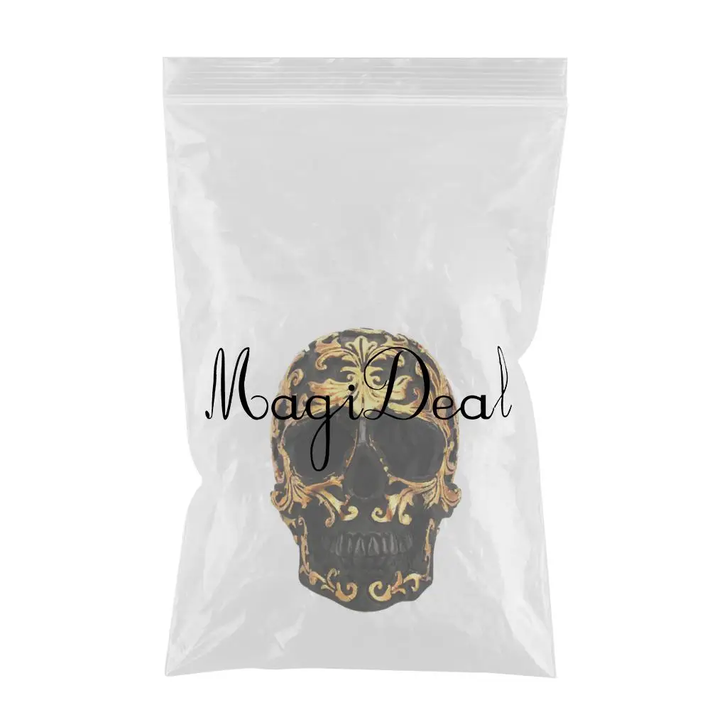 Resin Halloween Resin Skull Statue Skull Head Sculpture with Golden Flower Sign, Suitable for Home Office Table Decoration