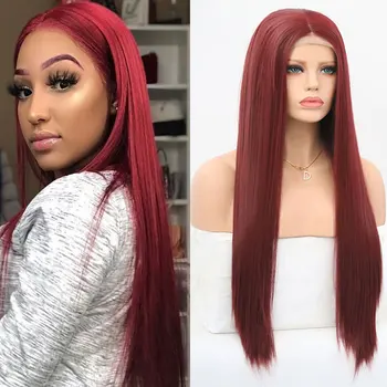 

Bombshell Wine Red Burgundy Silky Straight Synthetic 13*3 Lace Front Wig Glueless Soft Heat Resistant Fiber Hair For Women Wigs