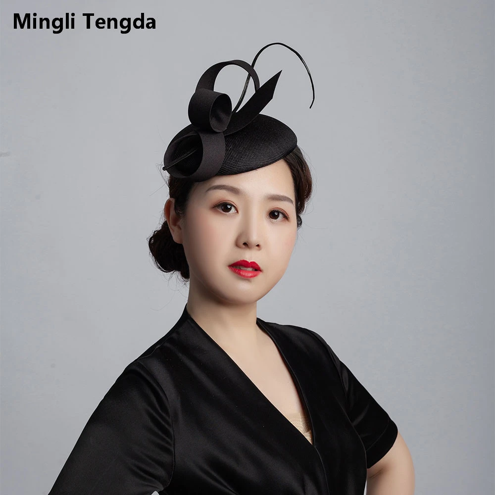 Mingli Tengda невесты пеньковая роза красная пряжа шляпа перо Свадебные аксессуары элегантная женская шляпа Головной убор головной убор Темно-синяя тиара клетка - Цвет: black