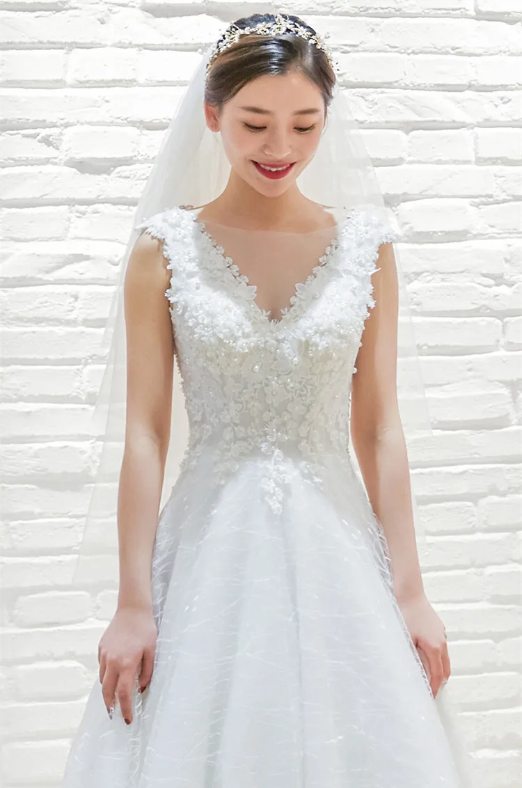 Элегантное свадебное платье трапециевидной формы с v-образным вырезом из тюля с кружевами и аппликацией из бисера дизайн свадебное платье на заказ SH016