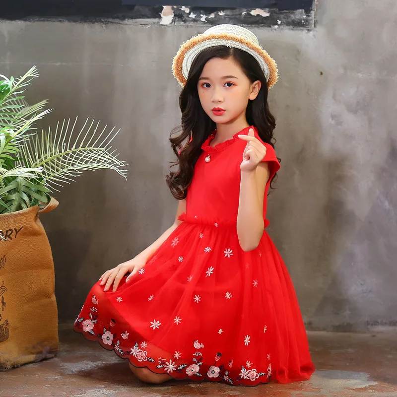 

2019 Girls Summer Princess Dress Embroidery Mesh Skirt Red Children Performance Dress Baby Pure Cotton Dress