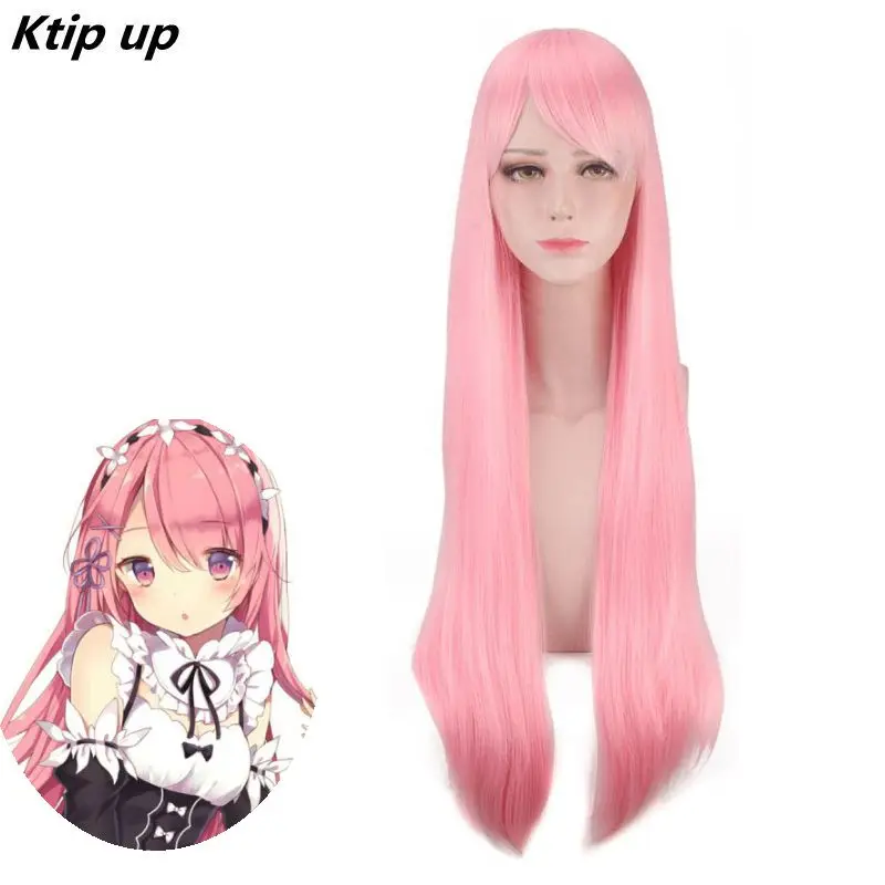 

Ktip Up Re:Life In A Different World From Zero Ram Long Straight Pink Cosplay Wig 80cm Anime Costume Party Synthetic Hair