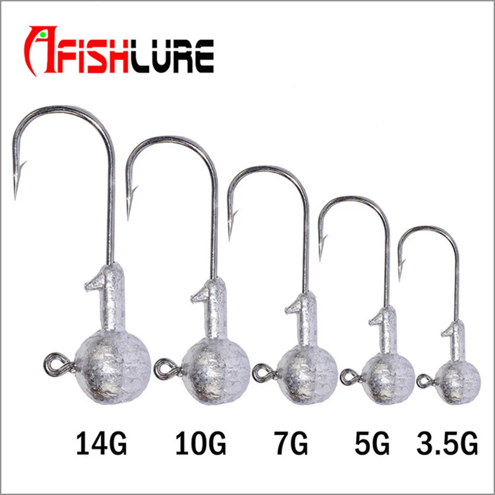 elenxs A FISH LURE 5PCS Carbon Steel and Lead Material Carp Fishing Hook Set Round Shape Ball Jig Head Fishing Tackle Hooks