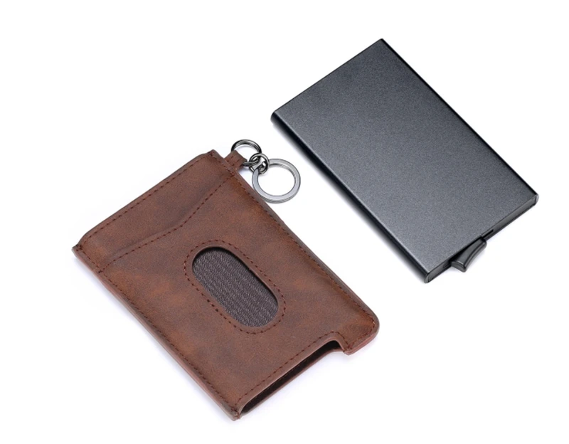 Vintage Cowhide Leather Business Smart Wallet RFID Card Holders Slim Antitheft Security ID Holders Aluminum Box Pup Up Card Case