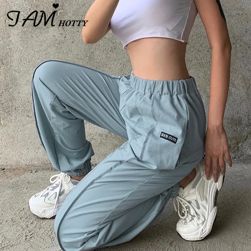 

IAMHOTTY Sweatpants Letter Print Cargo Pants Women High Waist Wide Leg Trousers Outfits Streetwear Female Korean Soft Clothes
