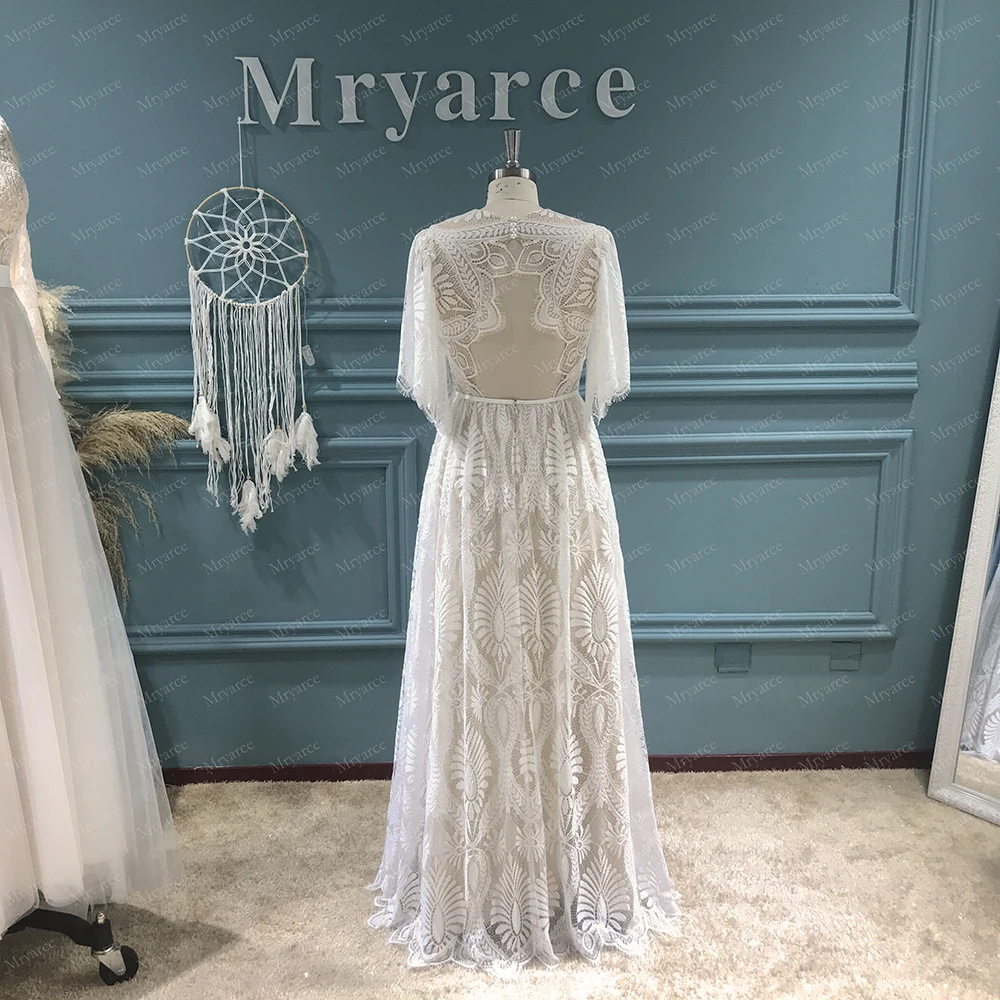 summer wedding guest dress Mryarce Modest High Neck Flare Sleeves Boho Lace Wedding Dress Bohemian Bridal Gowns second hand wedding dresses