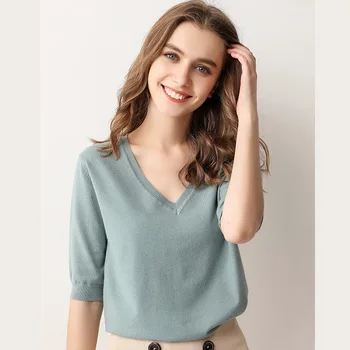 

Sweater Shirt Fashion Korean Loose Women Pullover V-neck Solid Color Full Polyester Neck Half