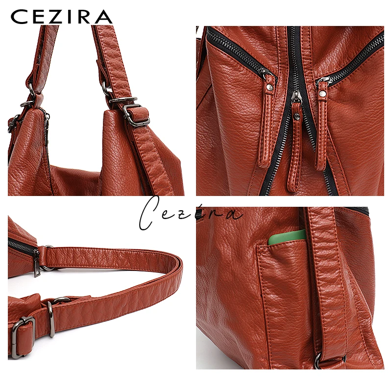 CEZIRA большой промытый PU женский рюкзак для девочек функциональная школьная сумка модные веганские кожаные сумки на плечо Женский Повседневный ранец на молнии