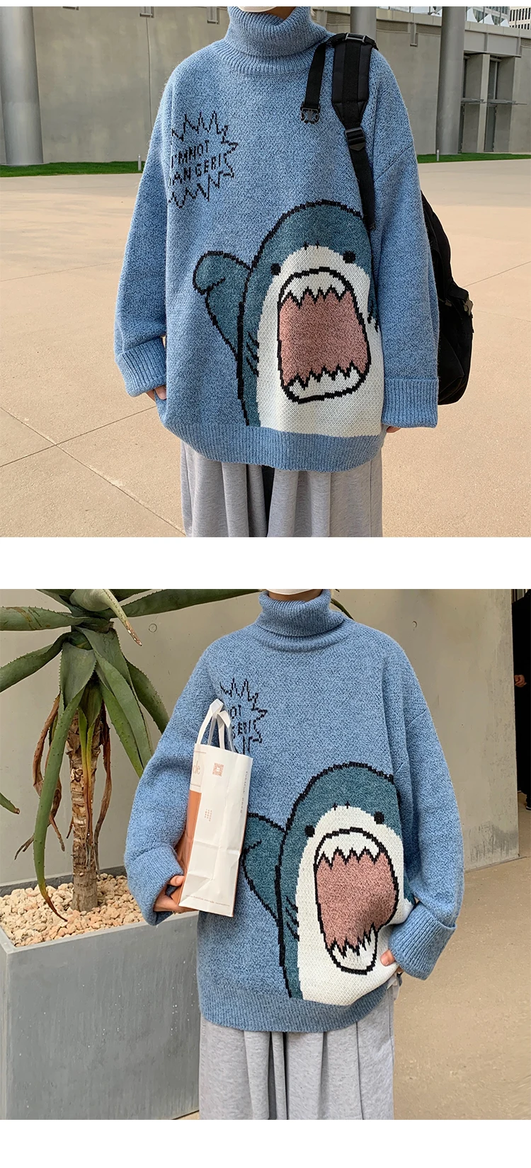 Men Turtlenecks Oversized Sweater Shark Letter JKP4765