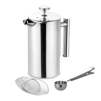 

1000ML 8 Cups French Press,35Oz, Double Wall Stainless Steel Tea Cafetiere Kettle, with Coffee Spoon & 2 Filter Sns