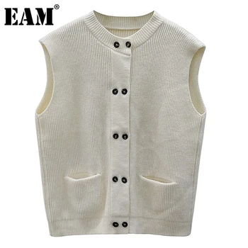 

[EAM] Gray Big Size Knitting Cardigan Sweater Loose Fit Stand Collar Sleeveless Women New Fashion Tide Autumn Winter 2020 1DC243