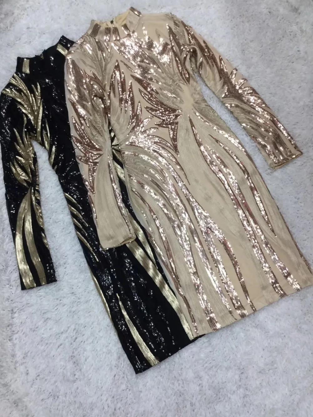 Sexy High Neck Long Sleeve Solid Color Midi Cocktail Sequined Night Club Dress Sexy Fashion Ladies