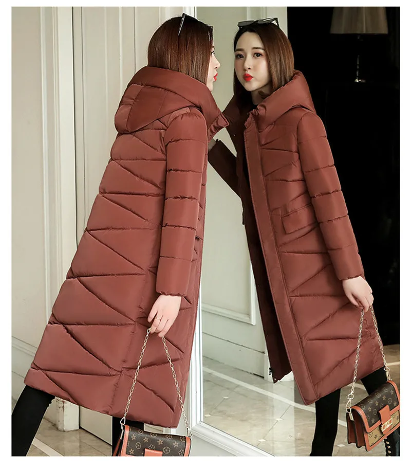 Зимняя женская куртка с капюшоном, длинный пуховик с хлопковой подкладкой, тонкое пальто, осенняя Женская мода, повседневная Толстая теплая парка, пальто, M-3XL - Цвет: Brick red