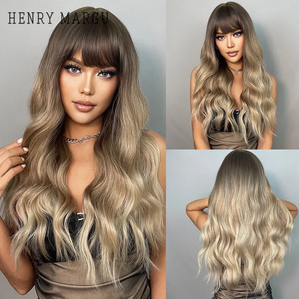 HENRY MARGU Brown Blonde Black Ombre Synthetic Wigs With Bangs Natural Long Wave Wigs for Women Heat Resistant Party Cosplay Wig