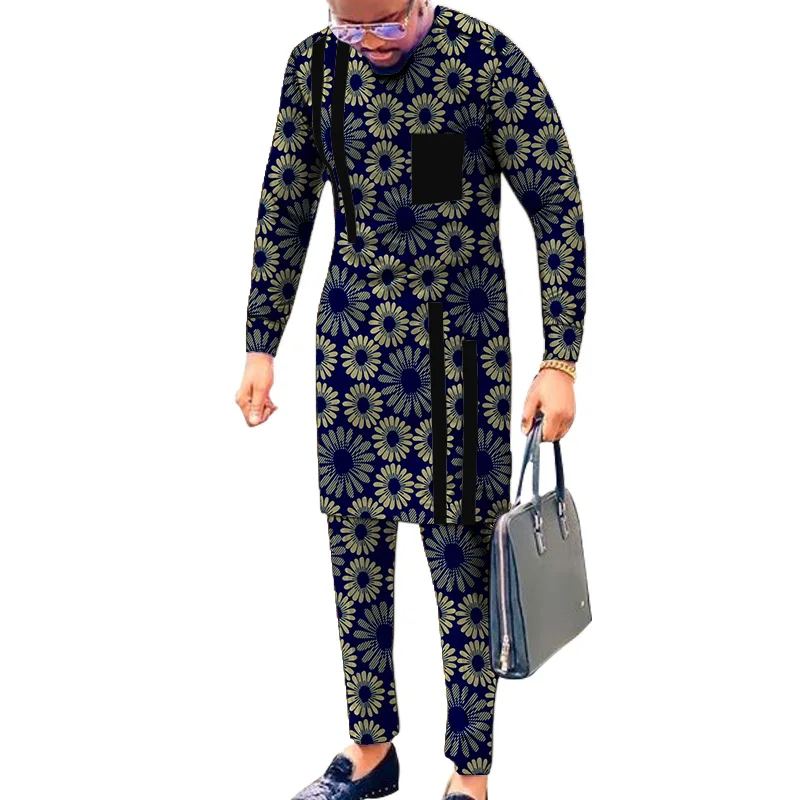 Pant-Sets Outfits Trousers Strip Mens African Suits Shirts Breast-Pocket-Design Black