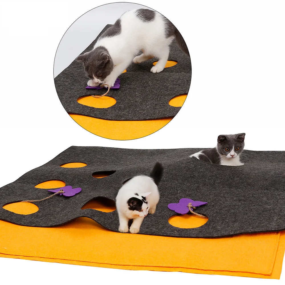 Cat Felt Play Mat DIY Hide and Seek Carpet with Holes Collapsible Scratch-Resistant for Cats
