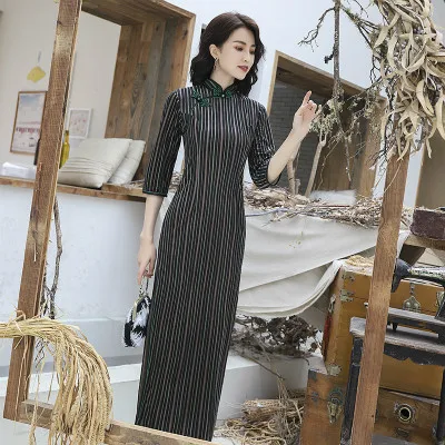Китайское платье в черно-зеленую полоску, 4XL, длинный рукав, Qipao, китайский стиль, одежда, хит, в полоску, длинное, Qipao, восточное платье, вечернее платье - Цвет: Hit color