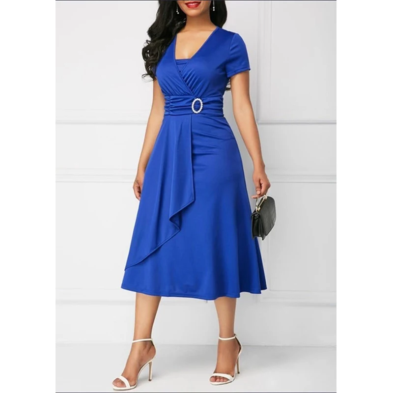 Элегантное женское платье с высокой талией, простое асимметричное платье миди, модное летнее однотонное повседневное вечернее платье с коротким рукавом и v-образным вырезом - Цвет: Women Blue dress