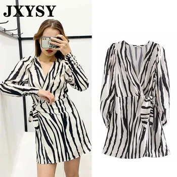 

JXYSY england style fashion zebra stripe print v-neck bow mini dress women vestidos de fiesta de noche vestidos party dress