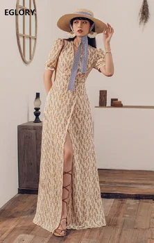

Floor Length Dress 2020 Summer Style Women Sexy V-Neck Golden Leaves Print Short Sleeve Split Long Maxi Dress Bohemian Beach