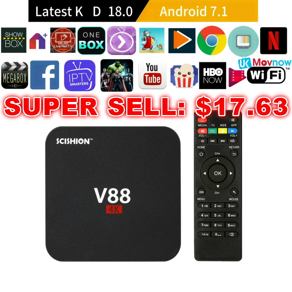 

SCISHION V88 Android TV Box IPTV Android 9.0 OS 1GB 8GB RK3229 4K 3D 2.4GHz WIFI Quad Core Smart TV Box Media Player