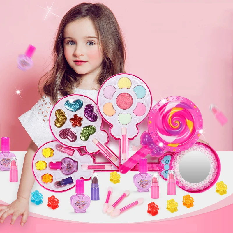 Juego de maquillaje para niñas, herramientas de belleza, juguetes para juego de imitación seguro, no tóxico, cosmético, esmalte de uñas, regalos