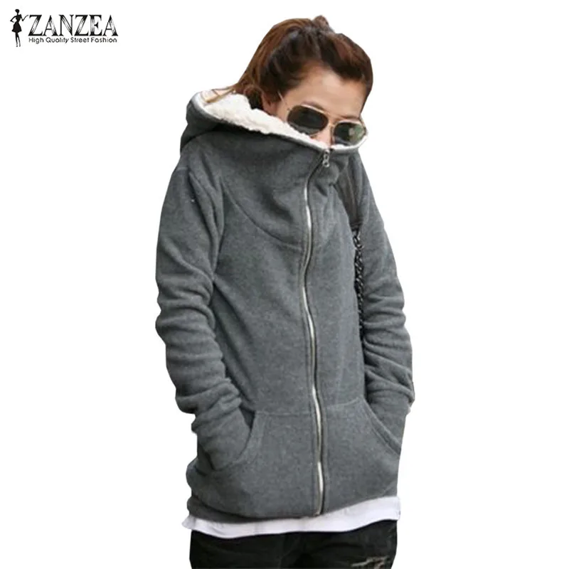 ZANZEA женские Зимние флисовые пальто толстовки с капюшоном Осенние повседневные свободные толстовки на молнии Топы Куртки Верхняя одежда плюс размер S-4XL