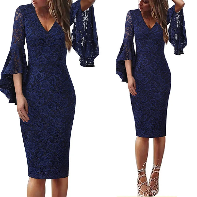 Dark Blue Lace Vfemage женское сексуальное платье с глубоким v-образным вырезом и расклешенным колокольчиком с длинными рукавами, элегантные деловые Повседневные Вечерние облегающие платья-карандаш 1592 - Цвет: Dark Blue Lace