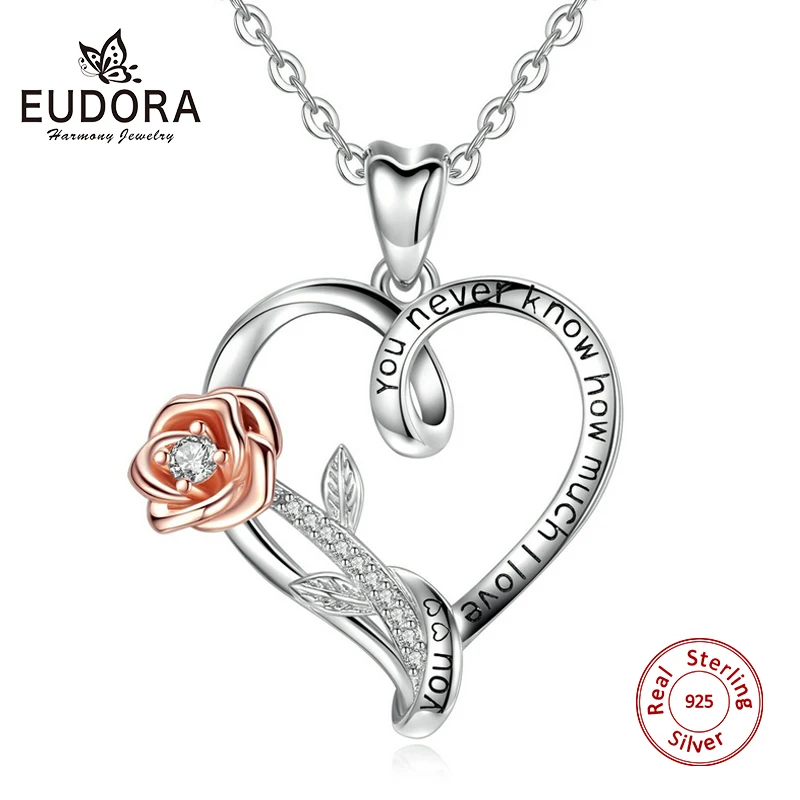 Женское Ожерелье с кулоном EUDORA из стерлингового серебра розового золота I Love You и