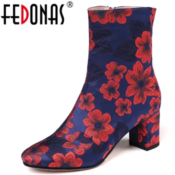 

FEDONAS New Quality Prints Silk Short Boots Vintage Prom Shoes Woman Classic Big Size Women Ankle Boots Winter Warm Square Heels