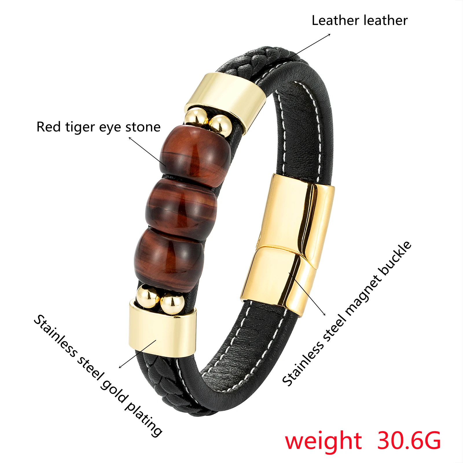 Natural Red Tiger Eye 3 Lucky Charm Jewelry Bracelet 316L Stainless Steel Leather Cord Men's Bracelet OL Style charm bracelet